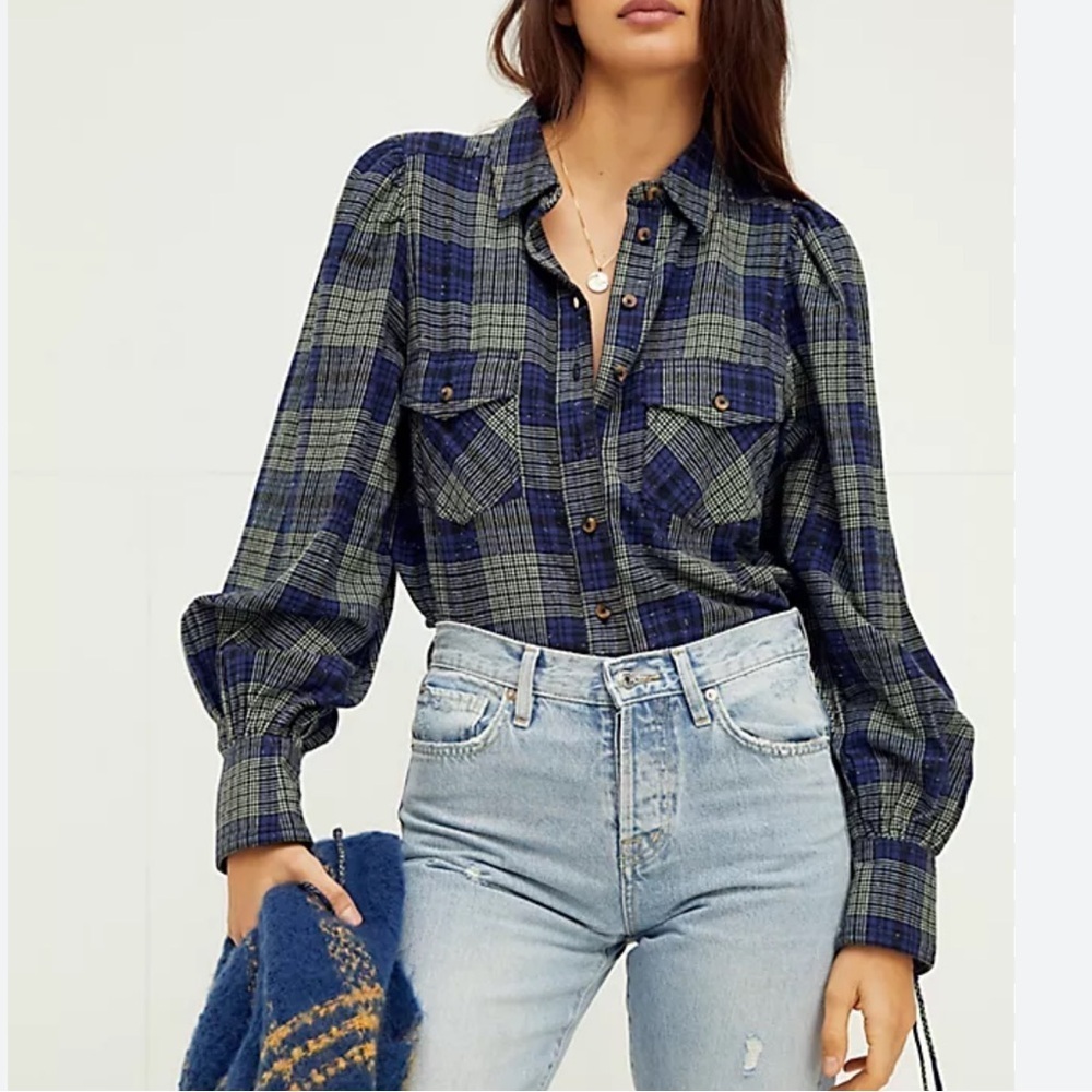Free People Navy and Olive Plaid Button Down Shirt